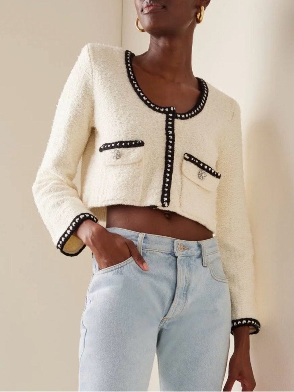 Self-Portrait Cream Cropped Bouclé Jacket with Black Trim